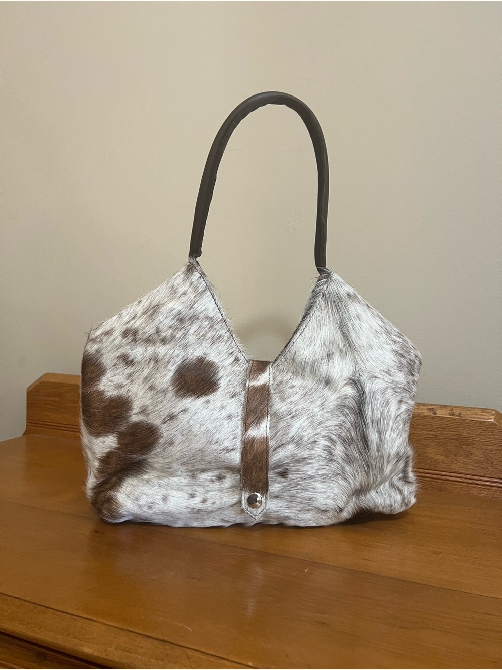 Cowhide Shoulder Bag with Leather Strap - Brown & White